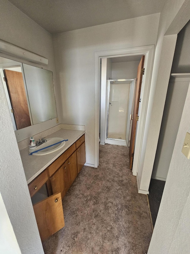 bathroom featuring vanity and a shower with shower door