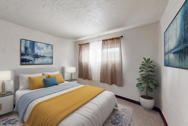 carpeted bedroom with a textured ceiling