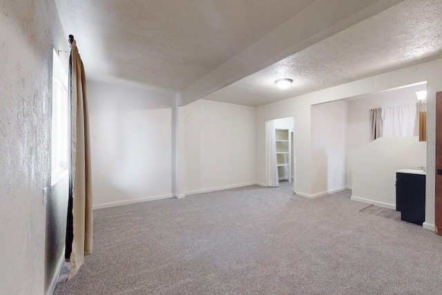 basement featuring carpet and a textured ceiling