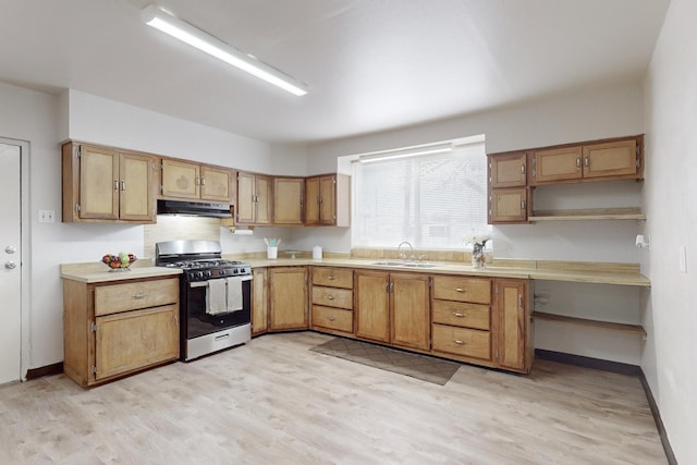 kitchen featuring gas stove, light hardwood / wood-style flooring, and sink