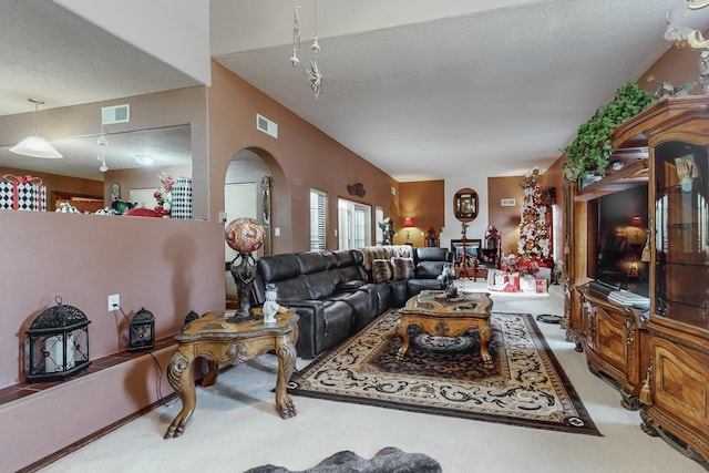 carpeted living room with a textured ceiling and vaulted ceiling