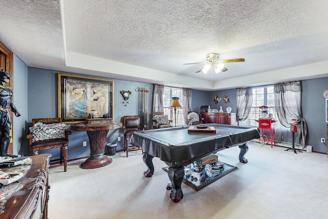 playroom featuring ceiling fan, a raised ceiling, carpet floors, and pool table