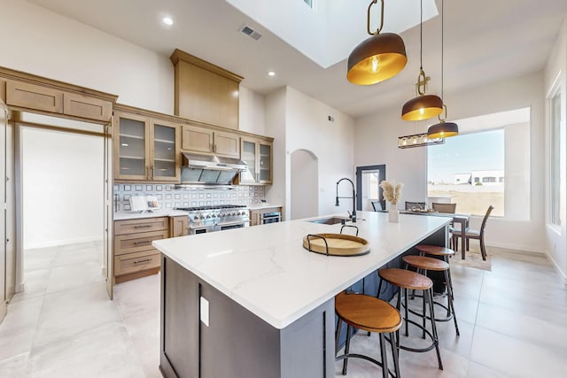 kitchen featuring decorative light fixtures, sink, decorative backsplash, and a kitchen island with sink