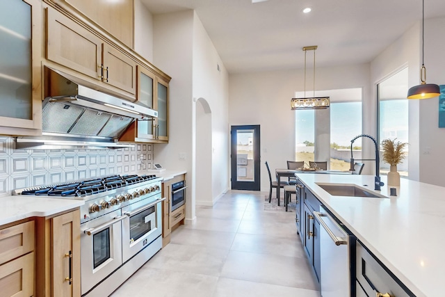 kitchen with backsplash, sink, hanging light fixtures, and appliances with stainless steel finishes