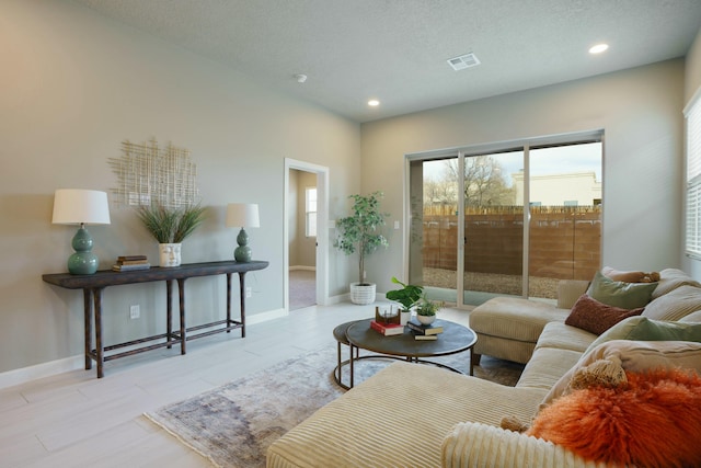 living room featuring a textured ceiling and a wealth of natural light