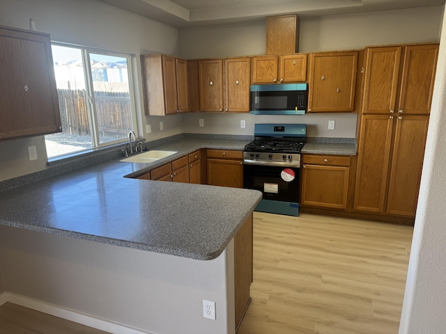 kitchen with kitchen peninsula, light wood-type flooring, stainless steel appliances, and sink