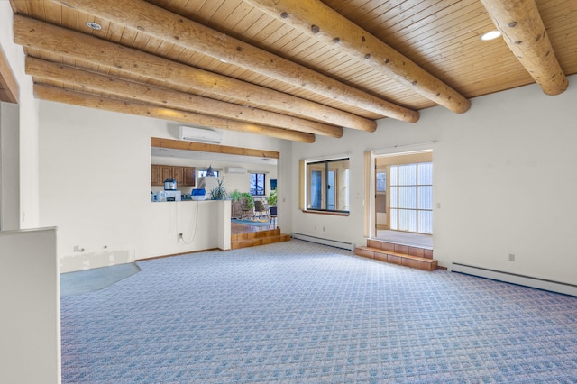 unfurnished living room with baseboard heating, carpet, wooden ceiling, and a wall mounted air conditioner