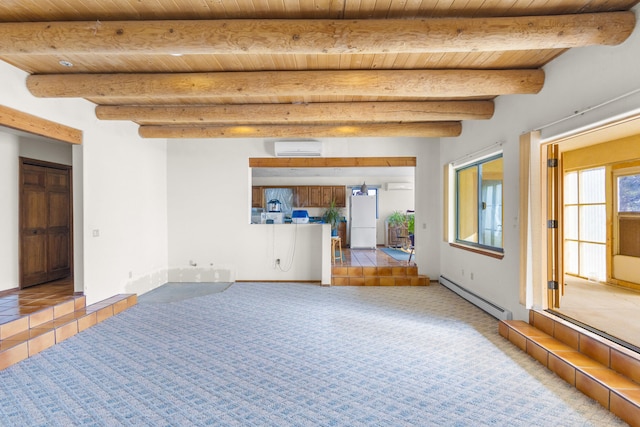 unfurnished living room with beam ceiling, a baseboard radiator, a wall mounted air conditioner, carpet, and wood ceiling