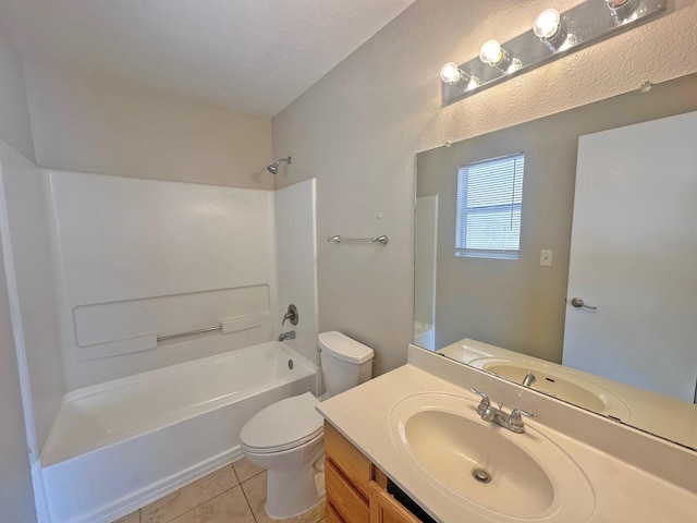 full bathroom featuring vanity, shower / washtub combination, tile patterned flooring, toilet, and a textured ceiling