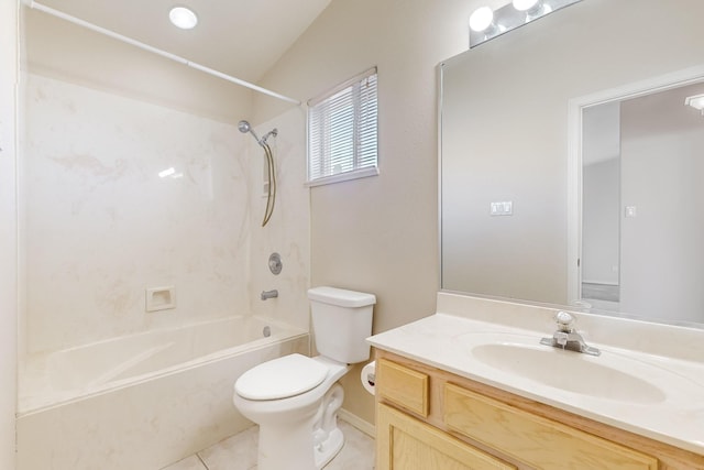 full bathroom with tile patterned flooring, vanity,  shower combination, and toilet