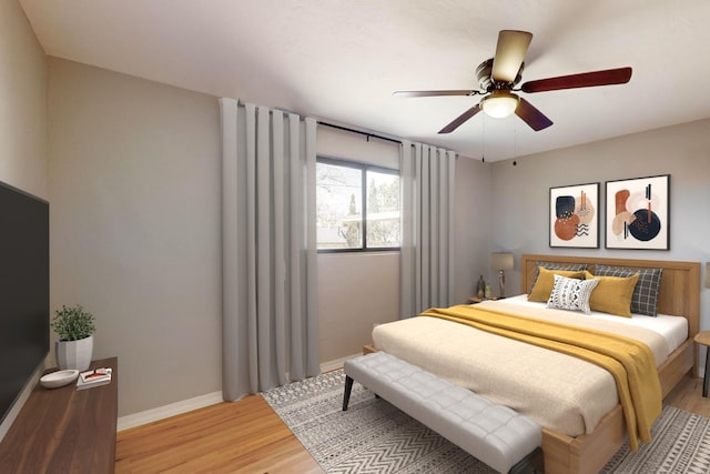 bedroom with ceiling fan, light wood-type flooring, and baseboards