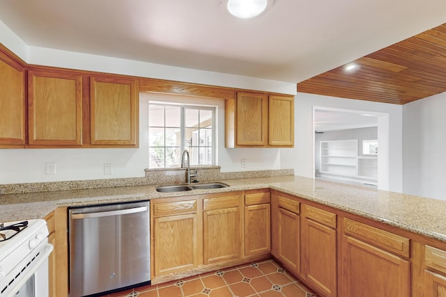 kitchen with wooden ceiling, a sink, white range with gas cooktop, light stone countertops, and dishwasher