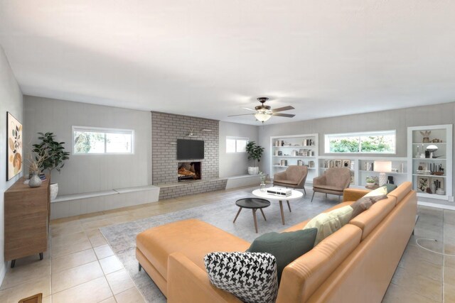 tiled living room with ceiling fan, a wealth of natural light, and a fireplace