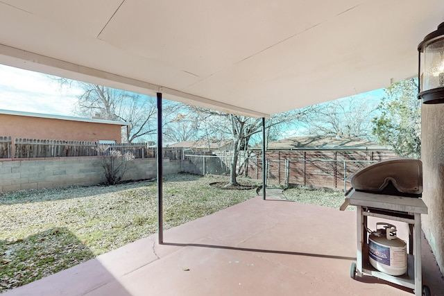 view of patio / terrace featuring a fenced backyard and grilling area