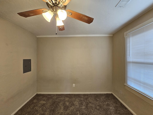 unfurnished room with ceiling fan, dark carpet, and electric panel