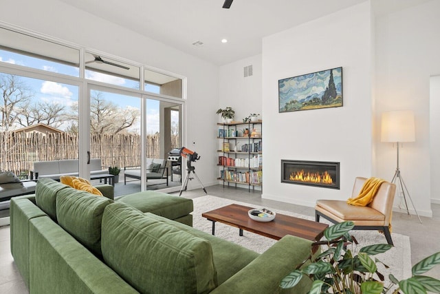 living room featuring ceiling fan