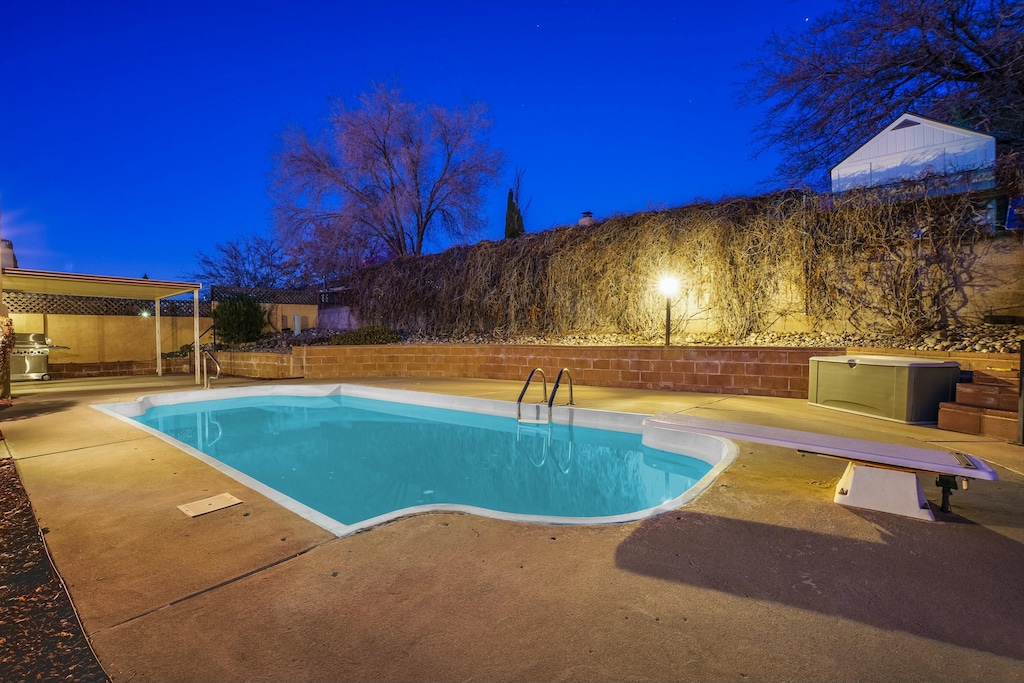 view of swimming pool with a diving board and a patio area