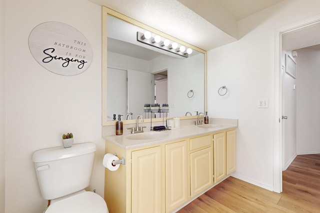 bathroom featuring vanity, wood-type flooring, and toilet