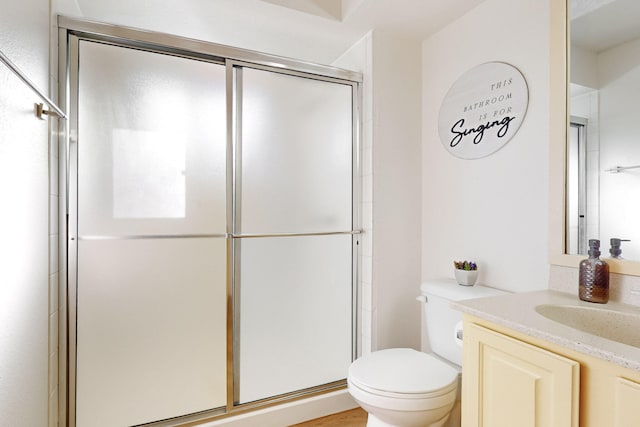 bathroom with vanity, toilet, and an enclosed shower