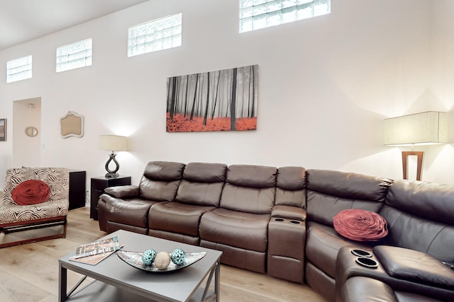 living room with a high ceiling and light wood-type flooring