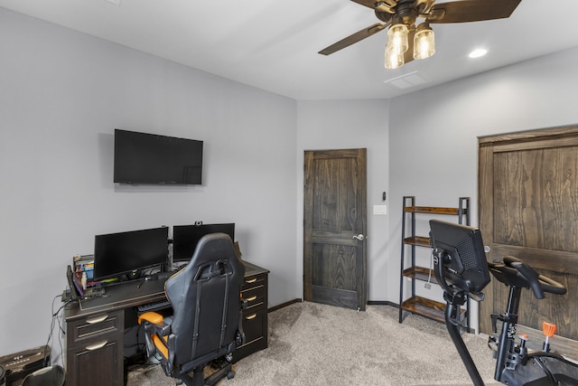 home office with ceiling fan, recessed lighting, carpet, and baseboards