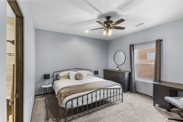 bedroom with light carpet, visible vents, baseboards, ceiling fan, and recessed lighting