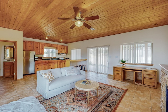 living room with ceiling fan, light tile patterned flooring, wood ceiling, and sink