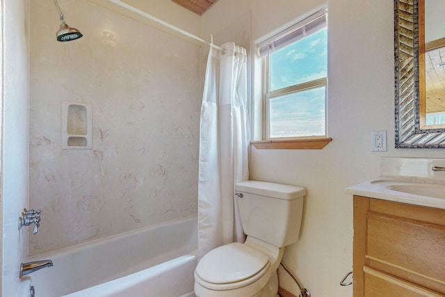 full bathroom featuring toilet, vanity, and shower / tub combo with curtain