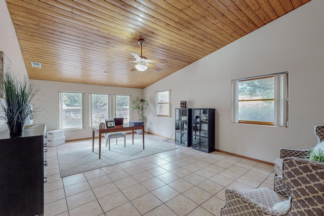 interior space featuring ceiling fan, wooden ceiling, and lofted ceiling