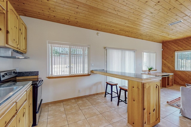 kitchen featuring wood walls, electric range, wood ceiling, and light tile patterned floors