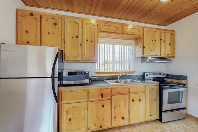 kitchen featuring light brown cabinets, wooden ceiling, sink, light tile patterned floors, and appliances with stainless steel finishes