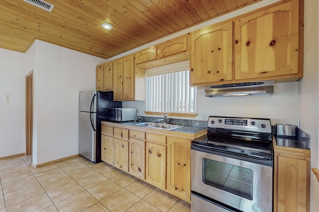 kitchen featuring sink, wooden ceiling, stainless steel appliances, light brown cabinetry, and light tile patterned floors