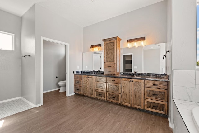 bathroom with vanity, hardwood / wood-style flooring, toilet, and a bathtub