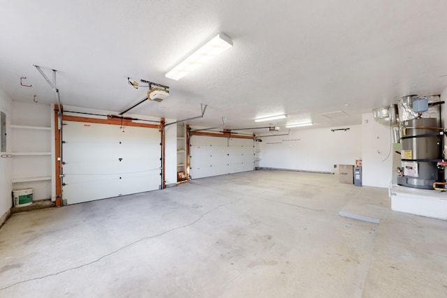 garage with electric panel, a garage door opener, and heating unit