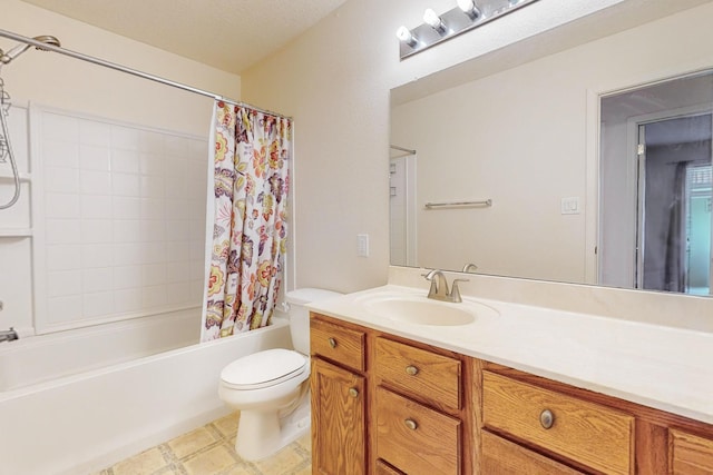 full bathroom featuring a textured ceiling, vanity, shower / tub combo, and toilet