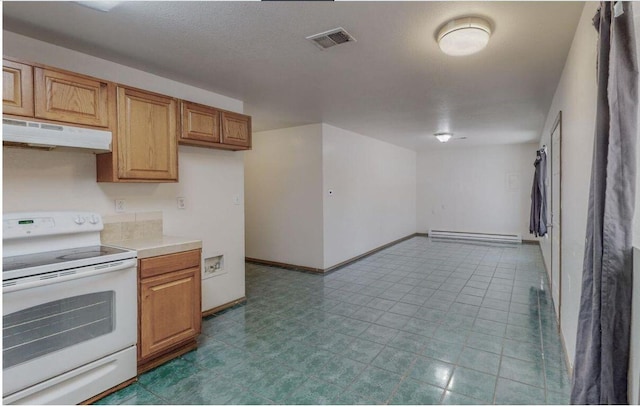 kitchen with white electric range and a baseboard radiator