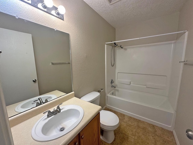 full bathroom with toilet, shower / bathing tub combination, a textured ceiling, and vanity