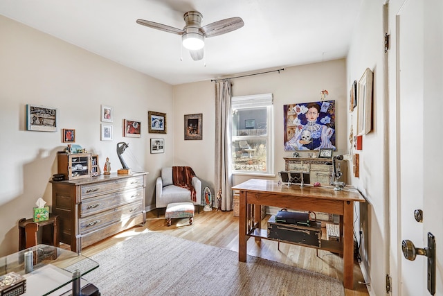 office space featuring ceiling fan and light wood-type flooring