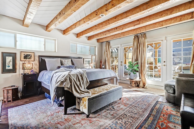 bedroom featuring beam ceiling, access to exterior, french doors, wooden ceiling, and hardwood / wood-style floors