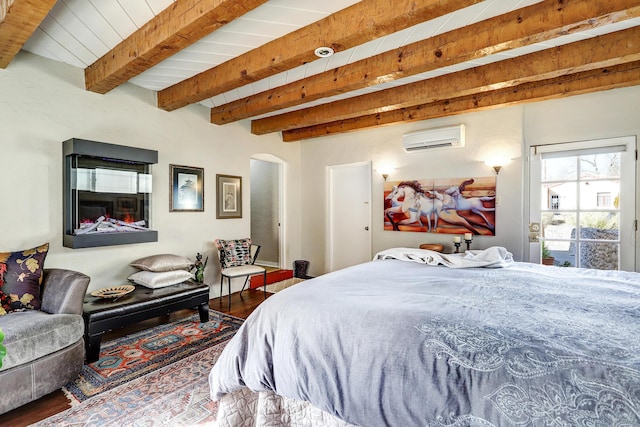 bedroom featuring beam ceiling, wood ceiling, and a wall unit AC