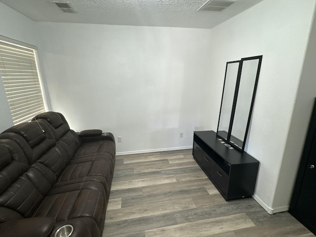 living room with a textured ceiling and hardwood / wood-style flooring