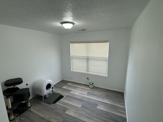 workout room featuring hardwood / wood-style floors and a textured ceiling