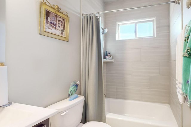 full bathroom with vanity, toilet, and shower / bathtub combination with curtain