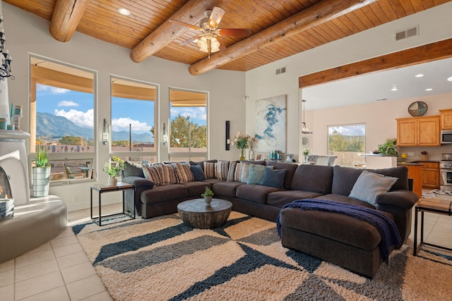 living area with light tile patterned floors, beam ceiling, wooden ceiling, and visible vents