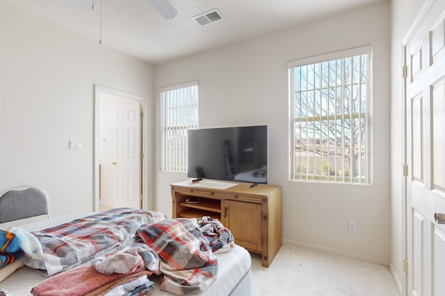 carpeted bedroom featuring multiple windows and a textured ceiling