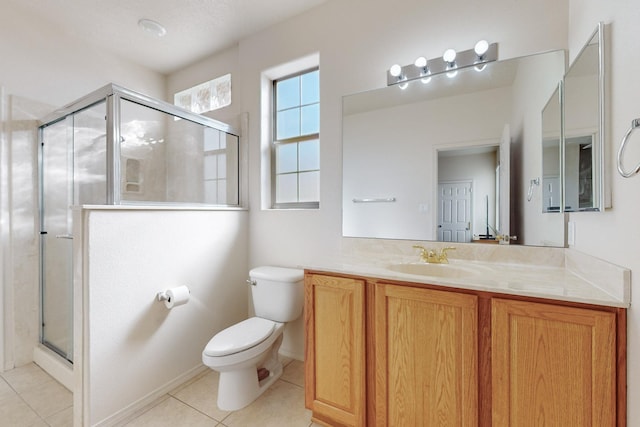 bathroom featuring tile patterned floors, vanity, toilet, and a shower with door