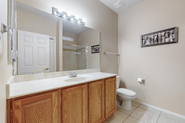 bathroom with tile patterned flooring, vanity, toilet, and walk in shower