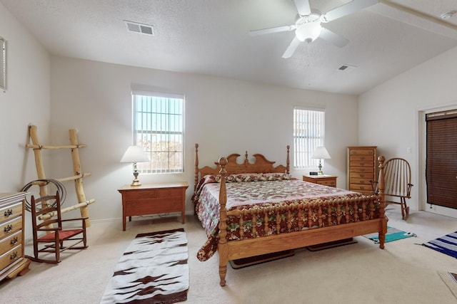 bedroom with multiple windows, vaulted ceiling, and a textured ceiling