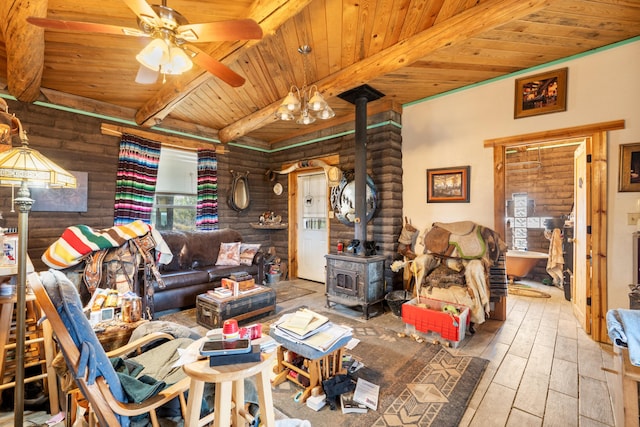 living room with beam ceiling, a wood stove, rustic walls, and wood ceiling