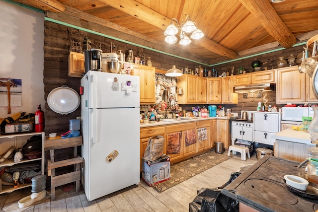 kitchen with wood ceiling, white appliances, beam ceiling, an inviting chandelier, and light hardwood / wood-style flooring